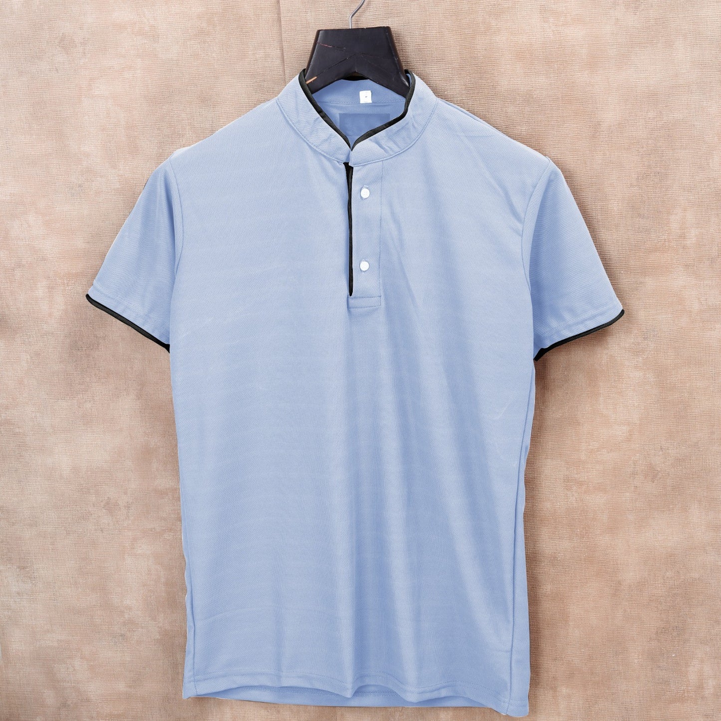 Sky Blue Men's Solid Mandarin Collar Slim Fit Half Sleeve T-Shirt