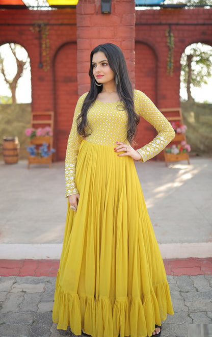 Stylish Yellow Colour Sequins With Embroidered Work Faux Georgette Long Gown