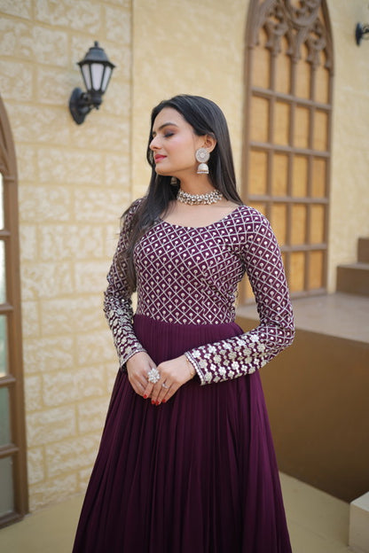 Stylish Purple Colour Sequins With Embroidered Work Faux Georgette Long Gown