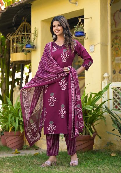 Wine Color Straight Kurta Set with Bottom Wear and Dupatta