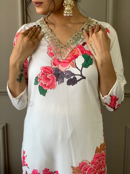Designer White Floral Kurta Set with Bottom and Dupatta